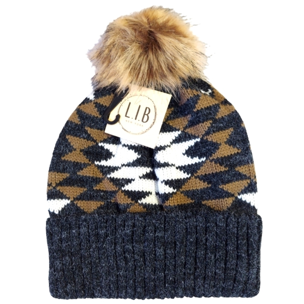 Women's Knit Winter Hat Black Soft Warm Stretch New Beanie Faux Fur Pom